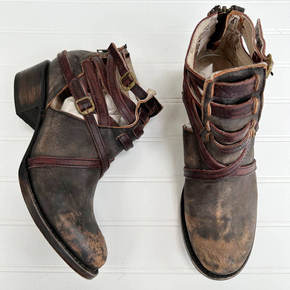 Freebird by Steven Distressed Dark Brown Strappy Ankle Boots